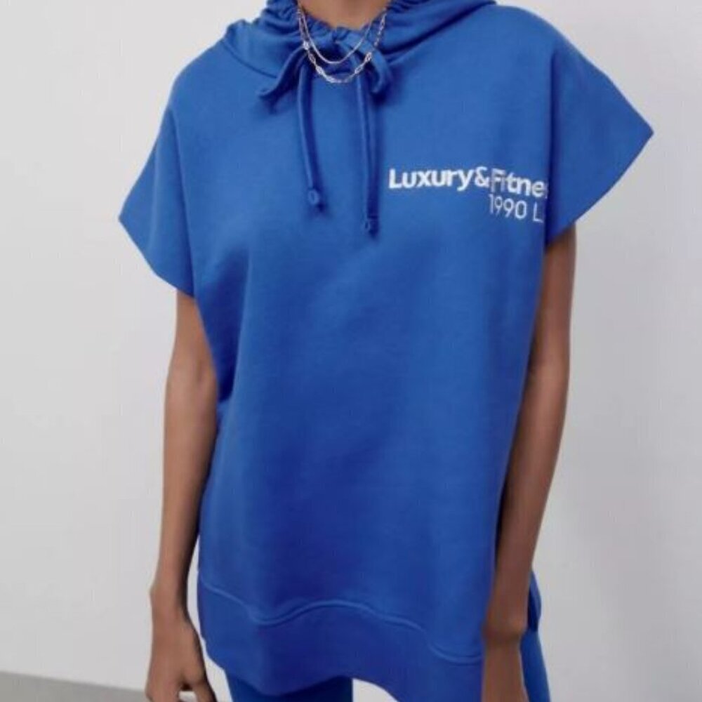 Zara Women's Hooded Sweatshirt  Blue Relaxed Fit Cotton Size L 5643 324 400